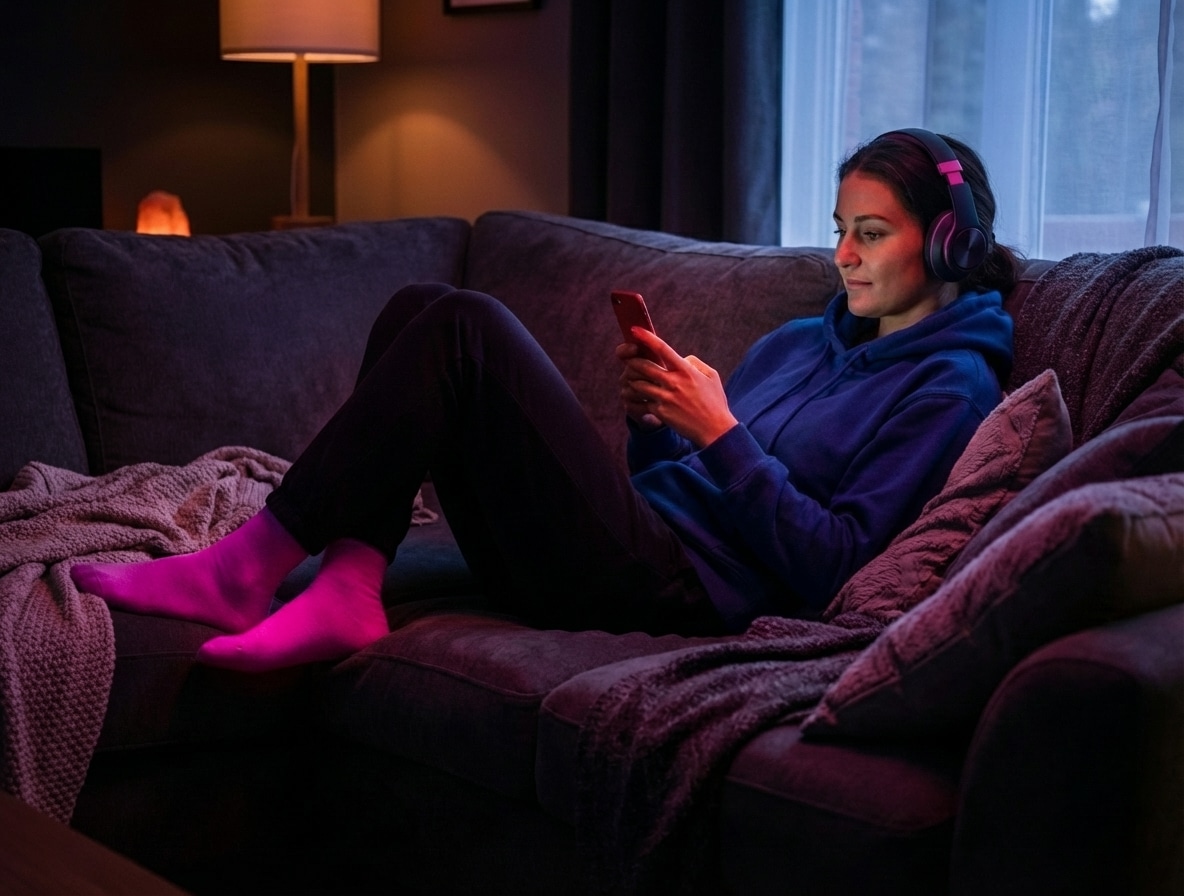 Kvinde med hovedtelefoner på sofa og nyder afslapning